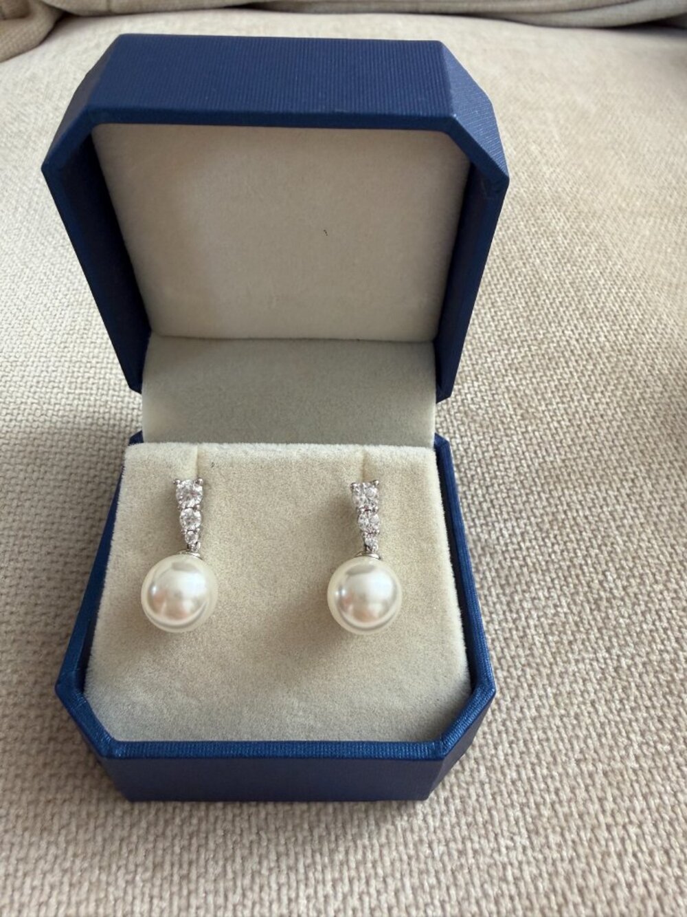 Simulated Pearl Drop Earrings with Cubic Zirconia Studs 10mm